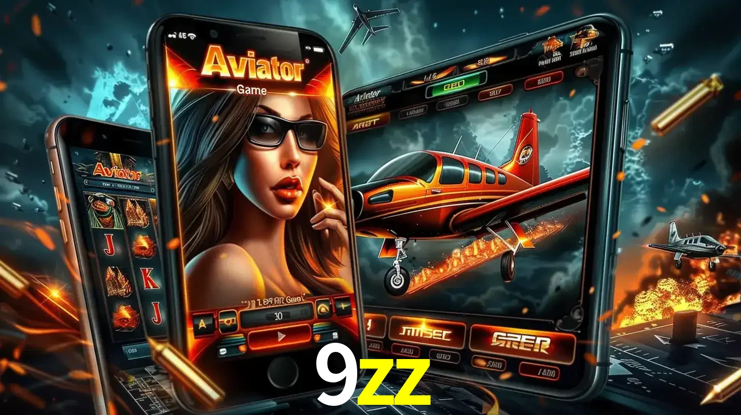 O popular jogo de apostas Aviator exibido em vários celulares e tablets, mostrando a interface emocionante e a ação de voo disponíveis para jogar agora no 9zz.