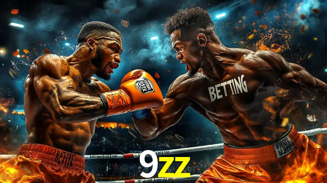 Dois boxeadores em uma luta intensa e explosiva, representando a adrenalina e as oportunidades de apostas em esportes de combate disponíveis na plataforma 9zz.