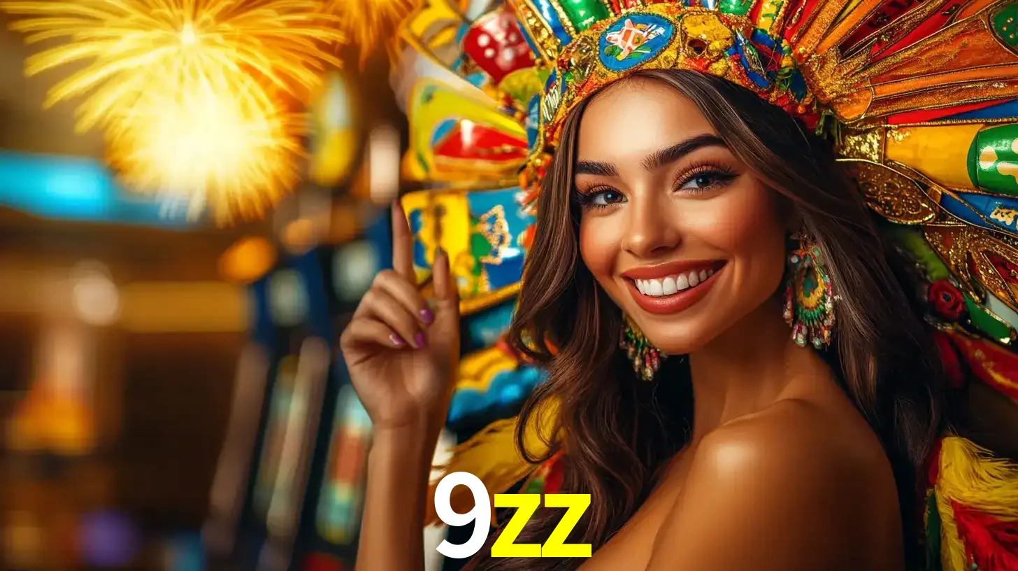 Mulher sorridente com um cocar de carnaval vibrante e colorido, celebrando uma grande vitória nos jogos do cassino 9zz com fogos de artifício ao fundo.
