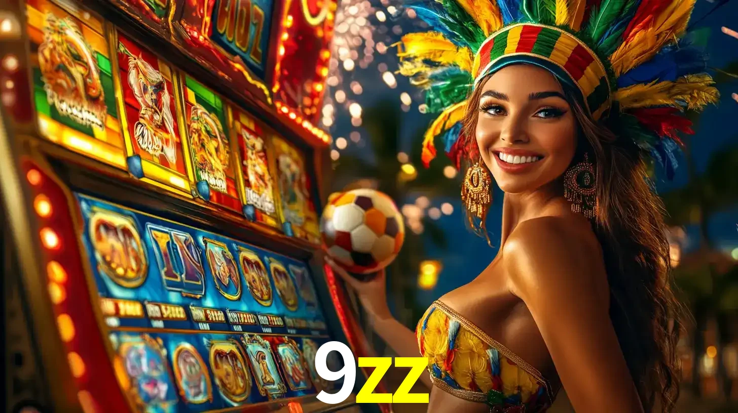 Mulher com um cocar de carnaval ao lado de uma máquina de caça-níqueis enquanto segura uma bola de futebol, mostrando a união da diversão de cassino e esportes no 9zz.