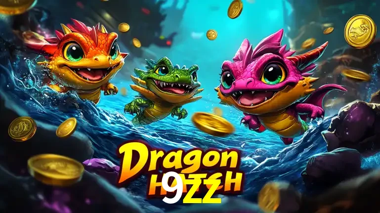 Arte promocional do jogo Dragon Hatch com três adoráveis dragões bebês nadando entre moedas de ouro, um dos slots mais divertidos para jogar no cassino 9zz.