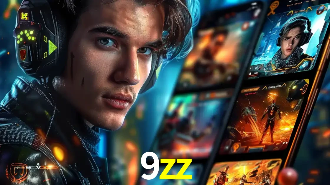 Jovem jogador com fones de ouvido olhando para a câmera, com um aplicativo de jogos e e-sports para celular ao fundo, pronto para a competição e apostas no 9zz.