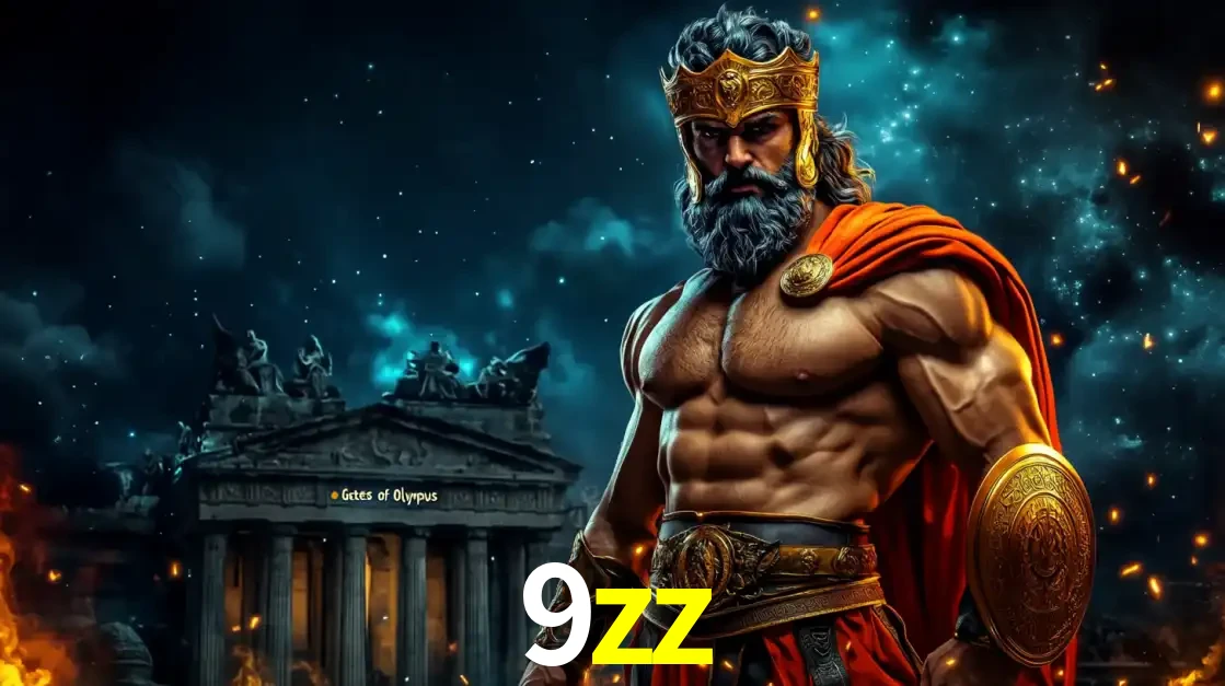 O poderoso Zeus do jogo de slot Gates of Olympus em frente ao seu templo, pronto para lançar multiplicadores divinos e prêmios épicos no cassino online 9zz.