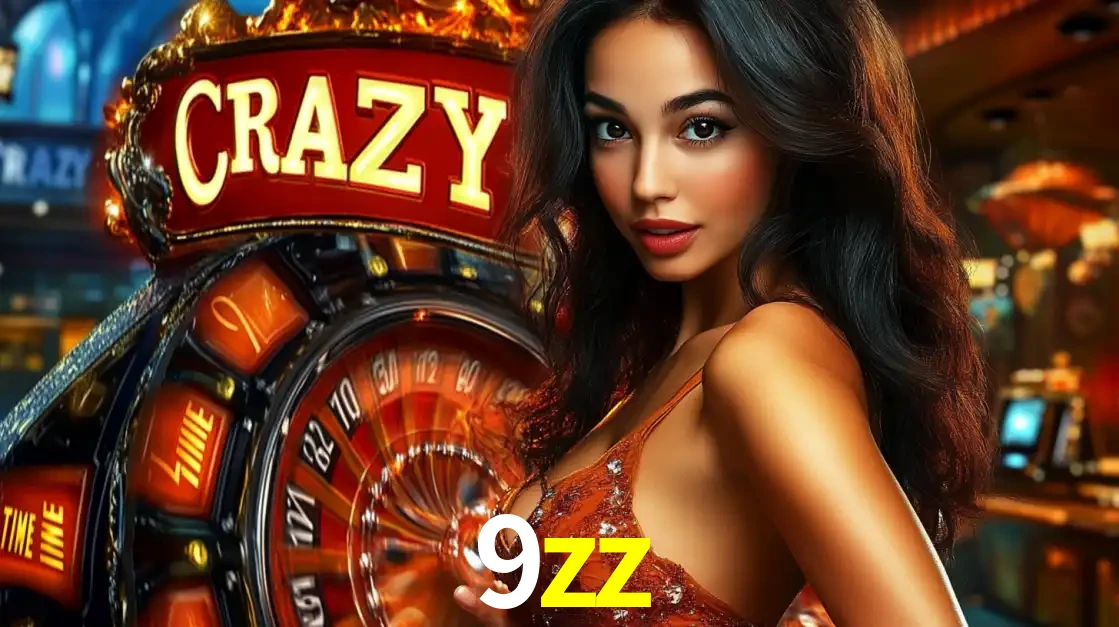 Mulher glamourosa olhando para a câmera com a roda vermelha do Crazy Time ao fundo em um ambiente de cassino, destacando a emoção dos jogos ao vivo no 9zz.