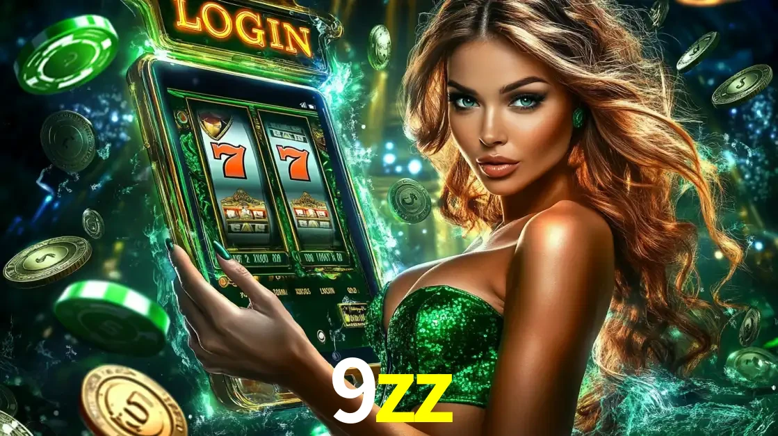 Mulher com tema verde apresentando o aplicativo do cassino 9zz com um jogo de slot de 777, cercada por fichas de cassino e uma aura de sorte.