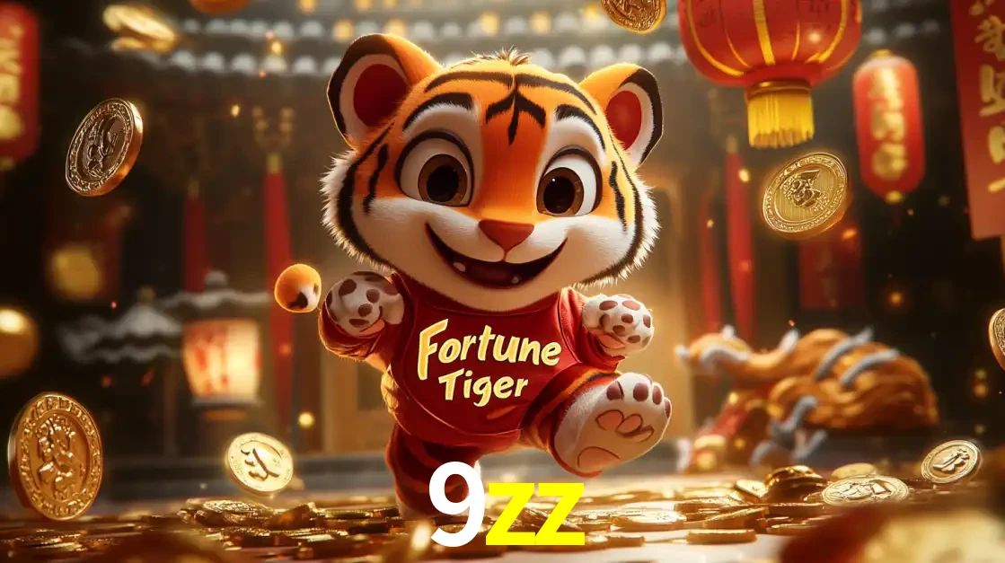 O alegre personagem do Fortune Tiger correndo sobre um caminho de moedas de ouro, simbolizando os grandes prêmios e a diversão do popular jogo de slot do 9zz.