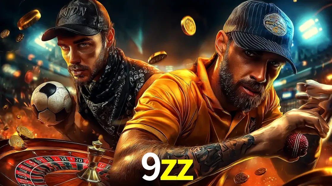 Montagem de apostas esportivas e cassino no 9zz, com um homem segurando uma bola de futebol e outro uma de beisebol sobre uma roleta e moedas voadoras.