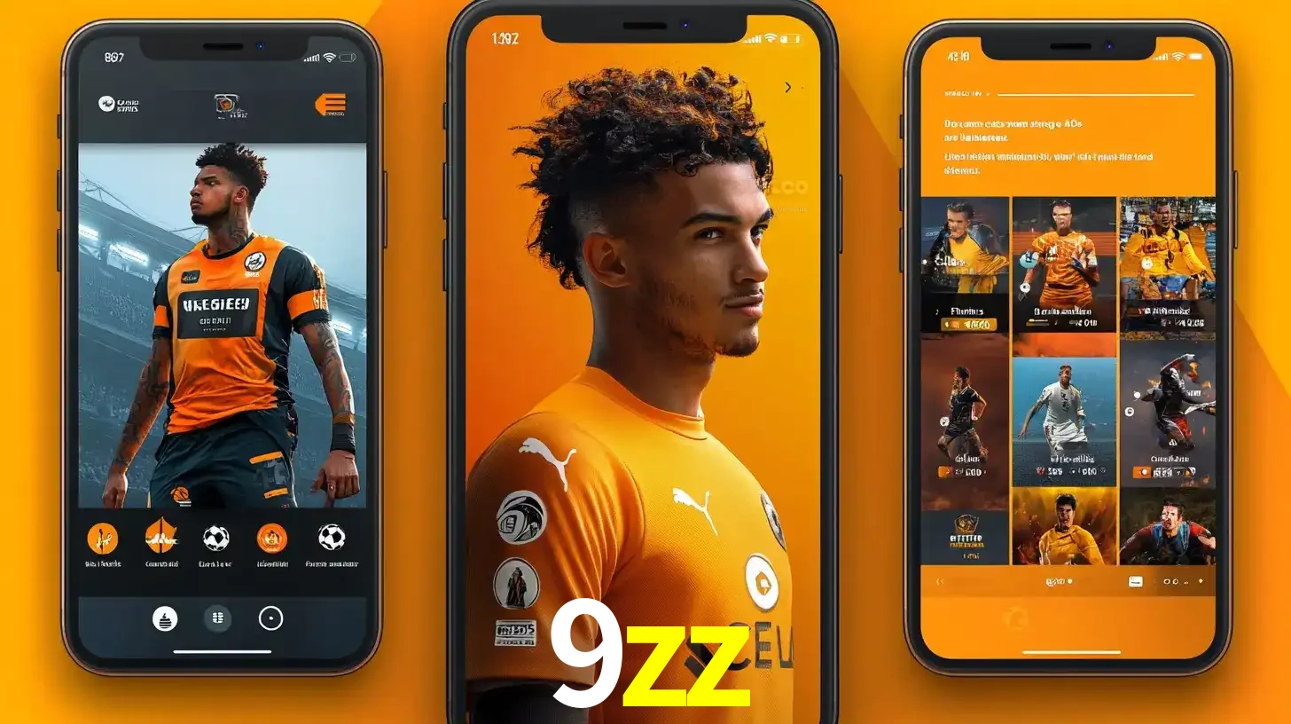 Interface do aplicativo de apostas esportivas 9zz em três telas de celular, mostrando o perfil de um jogador de futebol e a lista de jogos disponíveis para apostar.