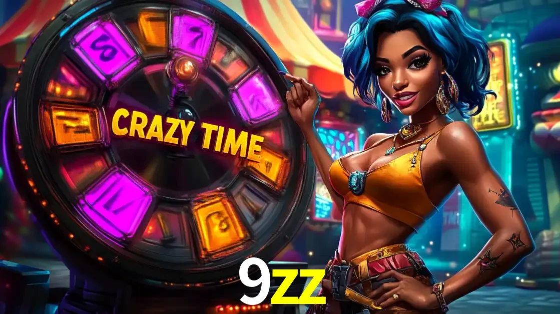 Mulher estilizada com cabelo azul e visual vibrante posando ao lado da roda de prêmios do game show Crazy Time, convidando para a diversão e os bônus do cassino 9zz.