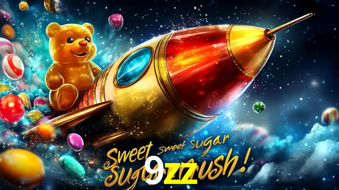 Arte promocional do jogo de slot Sugar Rush, com um urso de pelúcia em um foguete viajando pelo espaço de doces, um dos jogos divertidos disponíveis no cassino 9zz.