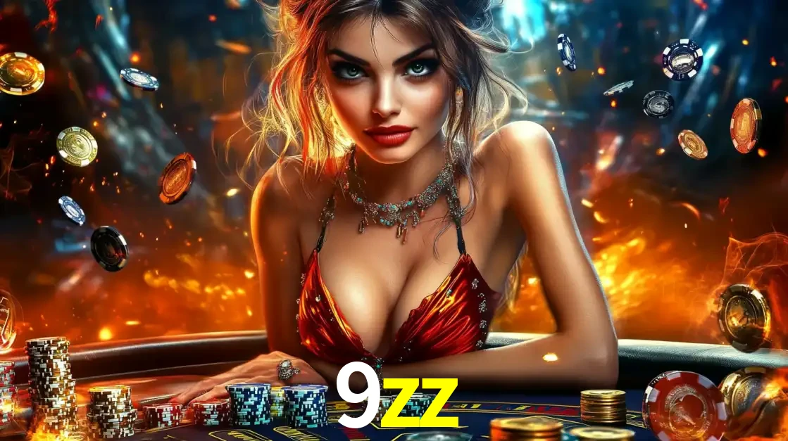 Mulher em uma mesa de cassino com pilhas de fichas e um fundo de fogo, pronta para uma rodada de altas apostas nos jogos de mesa emocionantes do cassino 9zz.