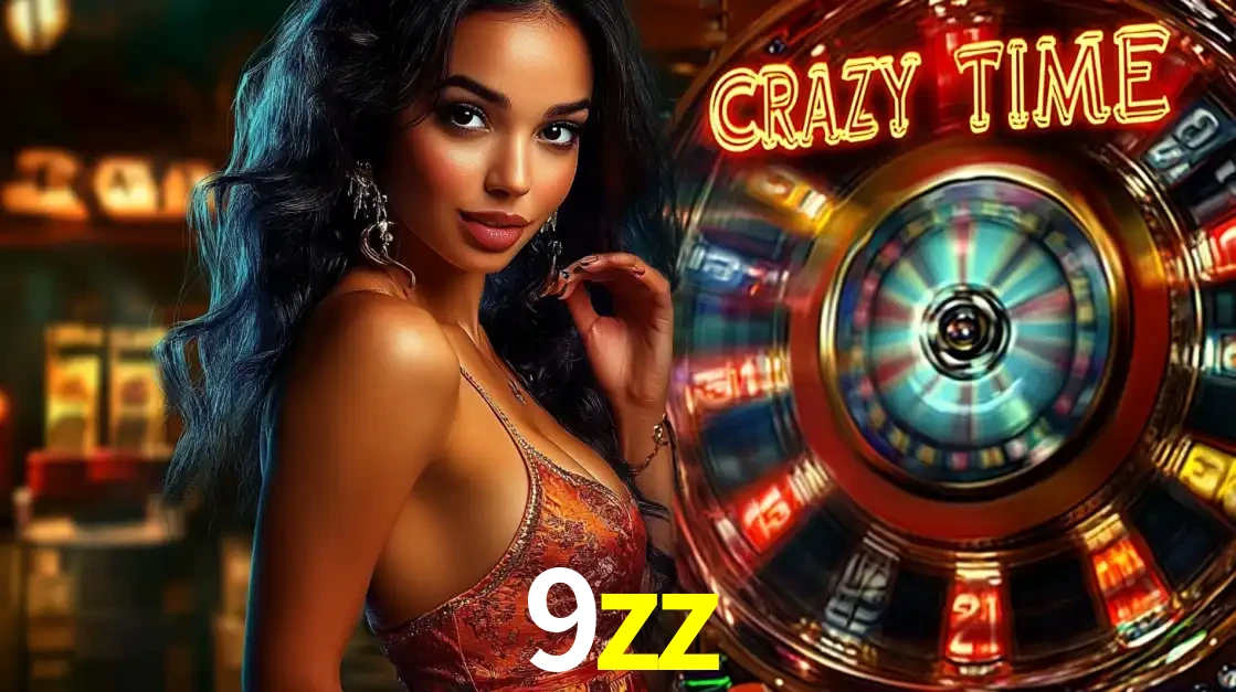 Mulher elegante ao lado da vibrante roda da fortuna do jogo de cassino ao vivo Crazy Time, um dos game shows mais populares e cheios de prêmios do 9zz.