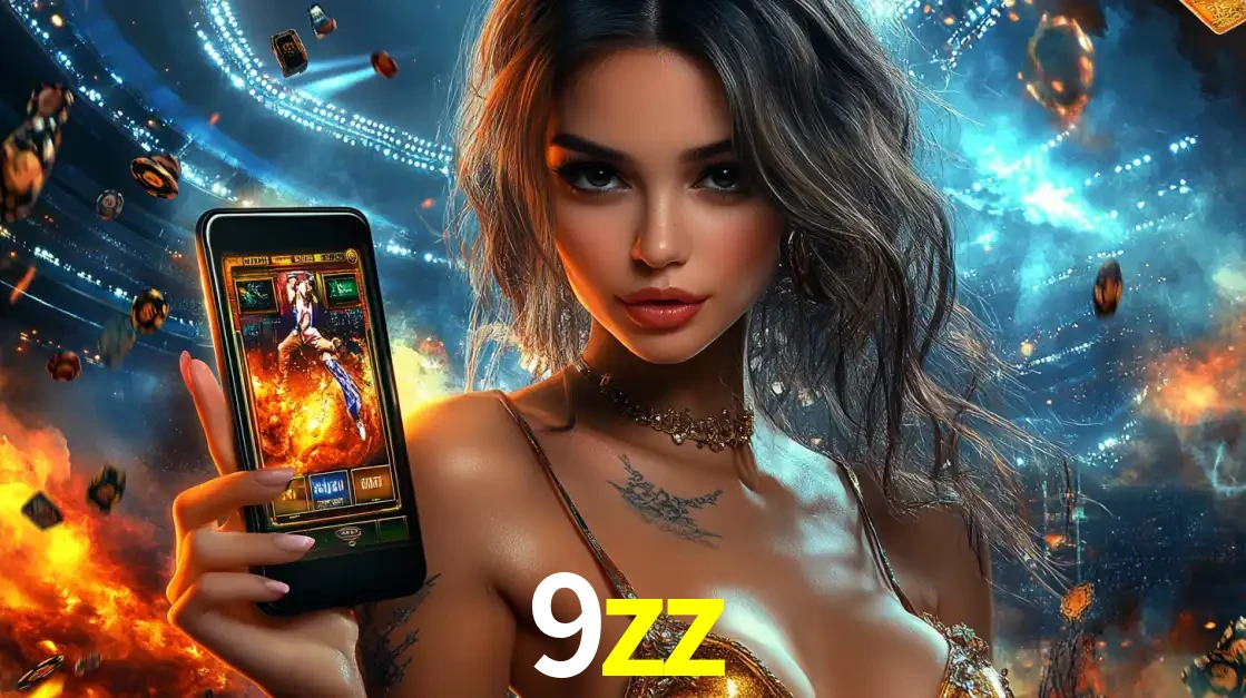 Mulher segurando um celular com um jogo de slot em destaque, tendo como fundo um estádio vibrante, simbolizando a emoção de jogar no cassino móvel 9zz.