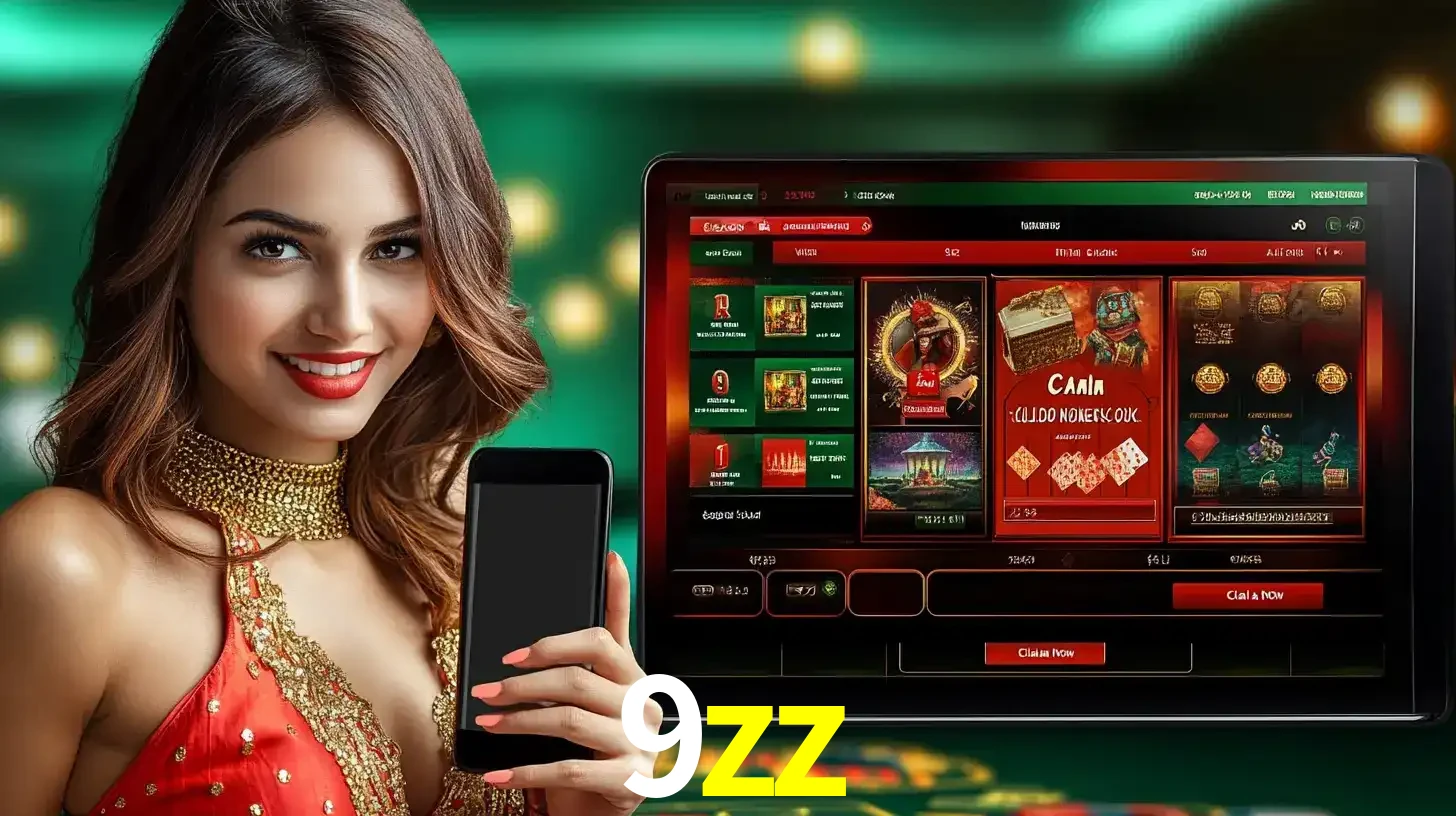 Mulher sorridente segurando um smartphone, ao lado de uma tela exibindo o lobby de jogos do cassino online 9zz, com várias opções de jogos de cartas e slots.